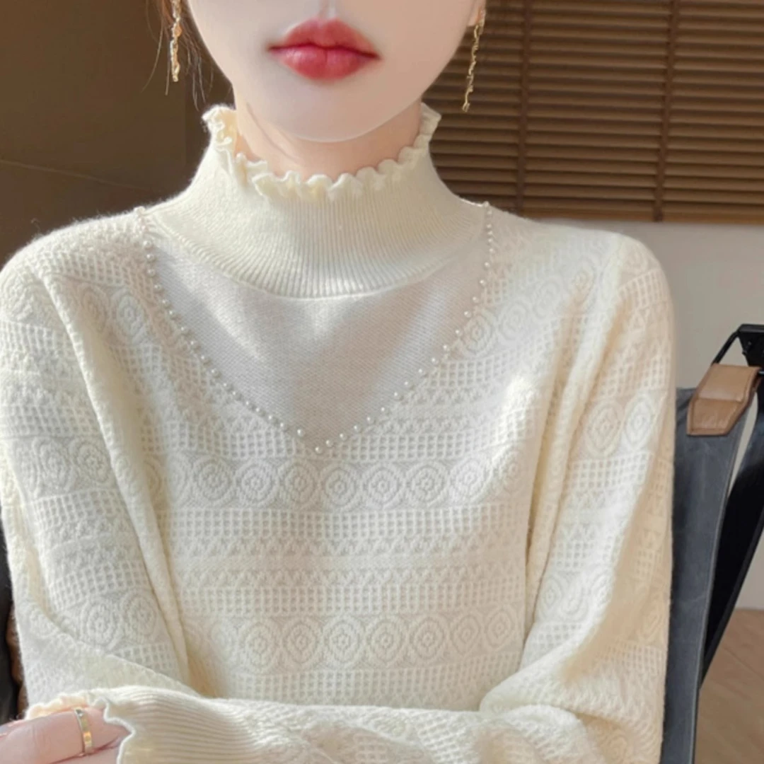 2026秋冬新款时尚小香风加厚毛衣女木耳花边半高领气质减龄针织衫