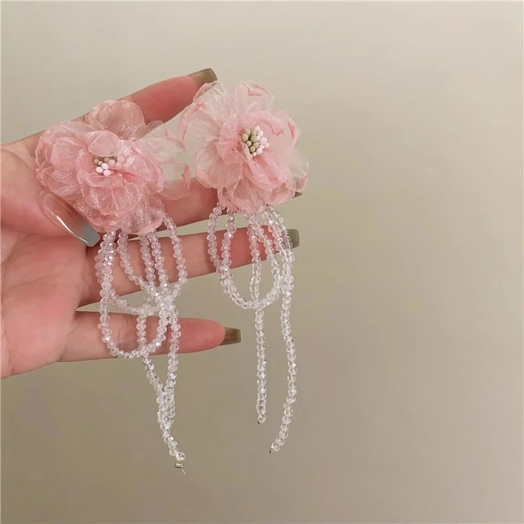 雪纺水晶超仙复古粉色绢纱花朵串珠流苏耳钉森系甜美氛围感耳环