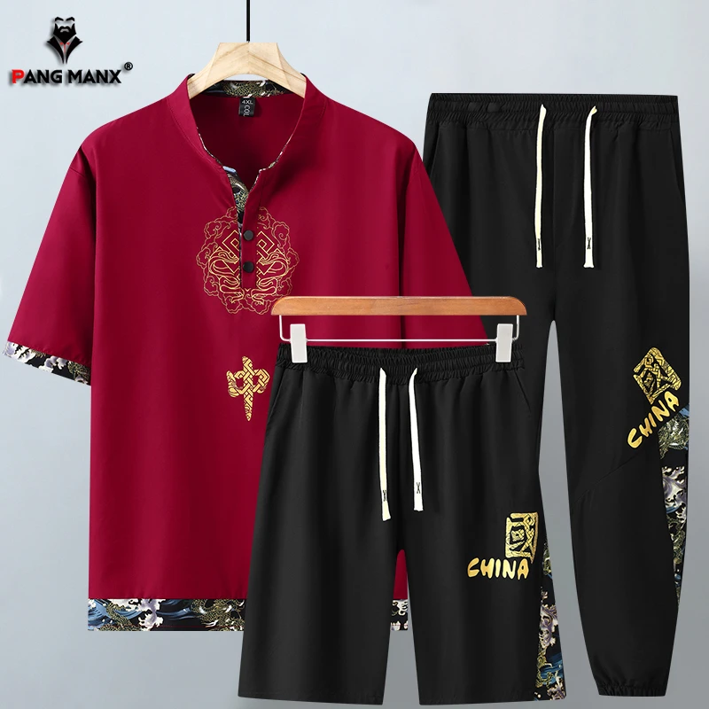 300斤大码新中式短袖t恤套装胖子加肥加大半袖短裤长裤三件套夏季