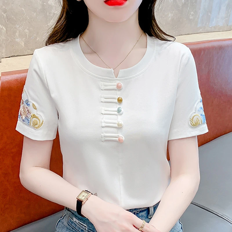 盘扣圆领纯棉短袖T恤女2025夏季新款复古刺绣新中式修身显瘦上衣