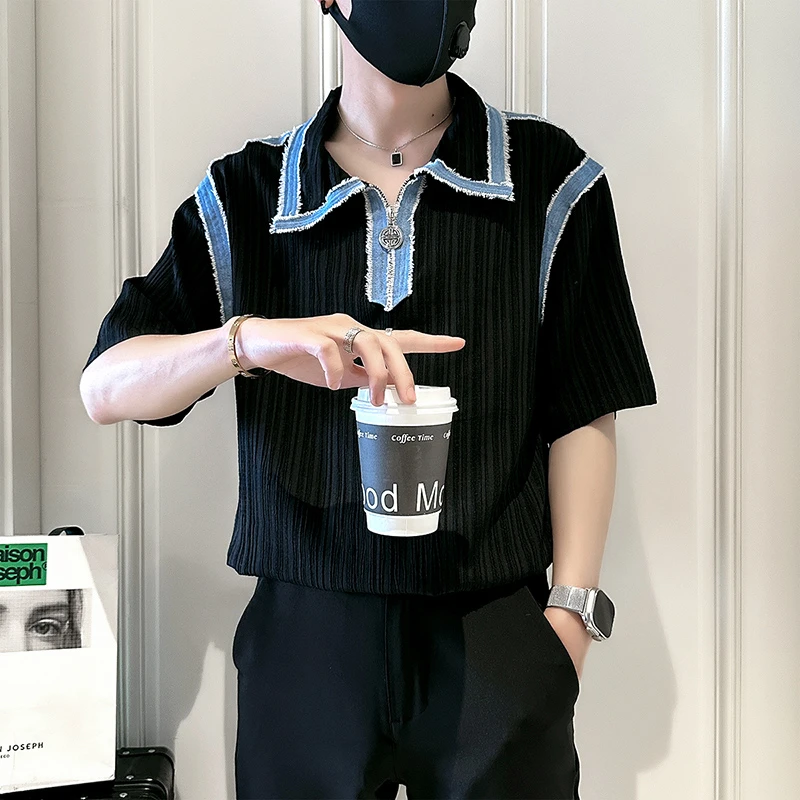 拼接撞色Polo领衬衫男夏季短袖衬衣2025新款英伦痞帅男装休闲上衣