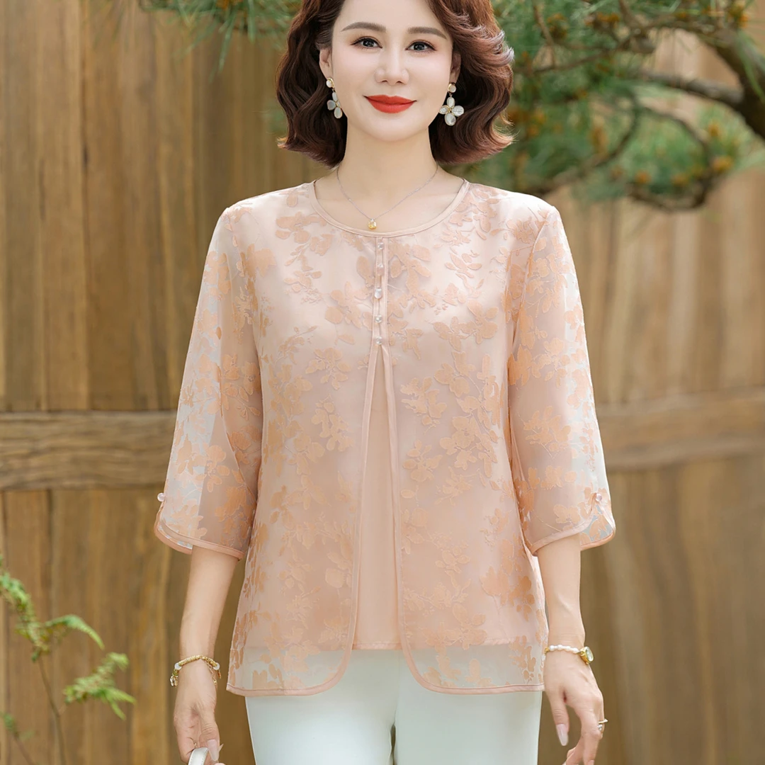 妈妈装2025夏装新款中国风上衣洋气圆领衬衫中年女装宽松小衫套装