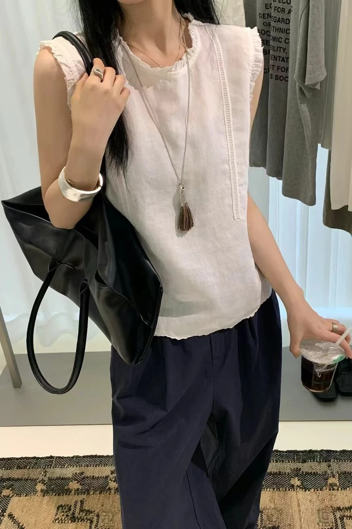 Sommy2025夏季新款韩系宽松显瘦设计感下摆荷叶边苎麻无袖衬衫女