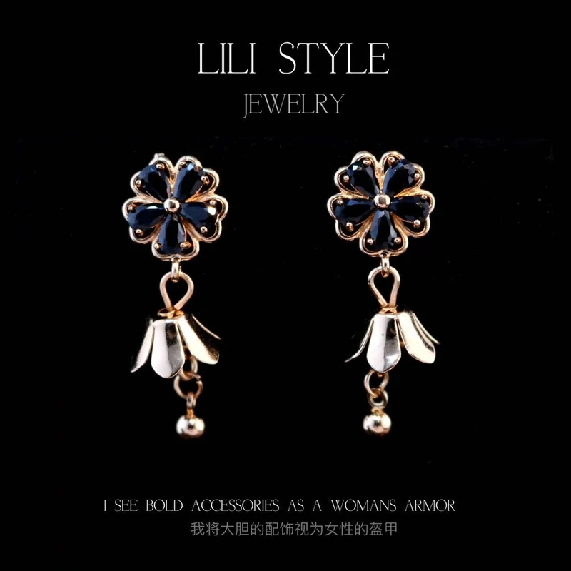 铜合金耳饰 复古黑色花朵耳钉高级感新款潮气质轻奢耳环K347
