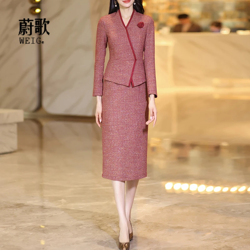 红色小香风连衣裙女2025冬新款复古气质高端职业包臀裙一步裙1977