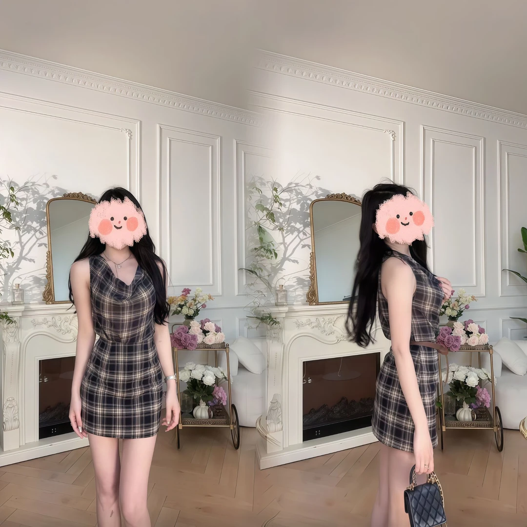 2025夏新款法式时尚套装复古格子无袖上衣收腰半身裙洋气衣服女