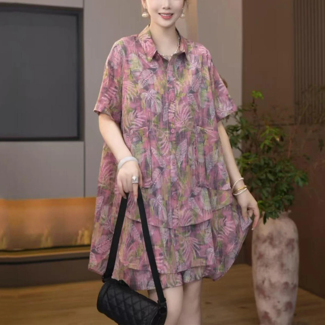 2025夏季新款宽松显瘦休闲套装女大码时尚韩版衬衫短裤两件套