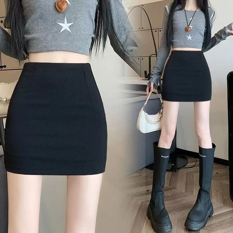 黑色高腰a字半身裙女春秋新款百搭性感弹力包臀裙一步防走光裙子