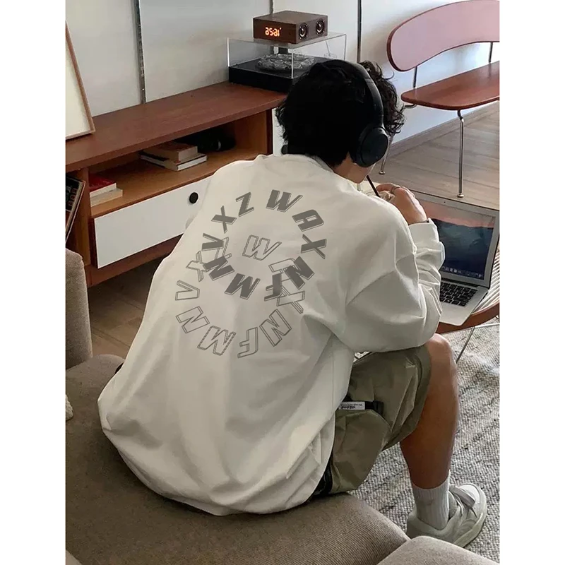 特大码300斤街头圆圈字母长袖T恤男秋冬oversize宽松潮牌嘻哈上衣