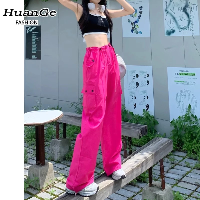 玫红色工装裤女款高腰小个子抽绳美式火龙果色直筒白色长裤运动裤