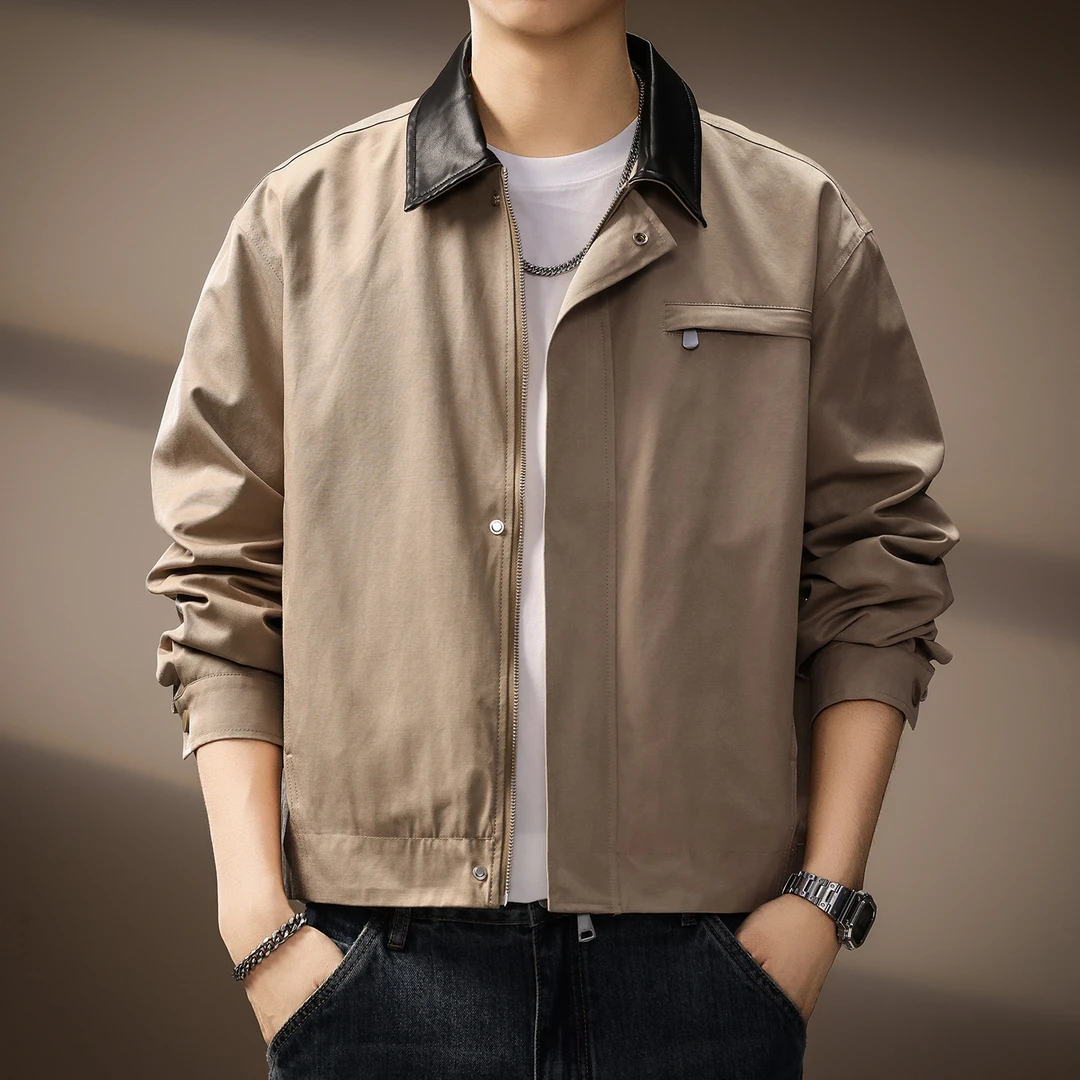 高端潮牌设计感撞色翻领夹克外套男2025秋季新款休闲宽松百搭上衣