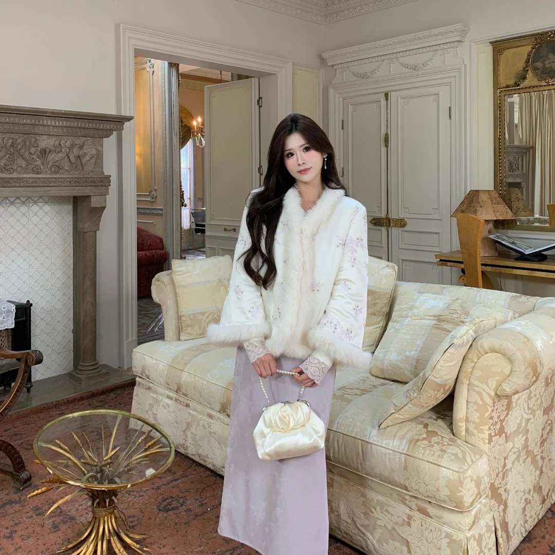 李潇洒【金枝玉叶】微胖大码禅意新中式毛毛边冬加绒矜贵感短款外套