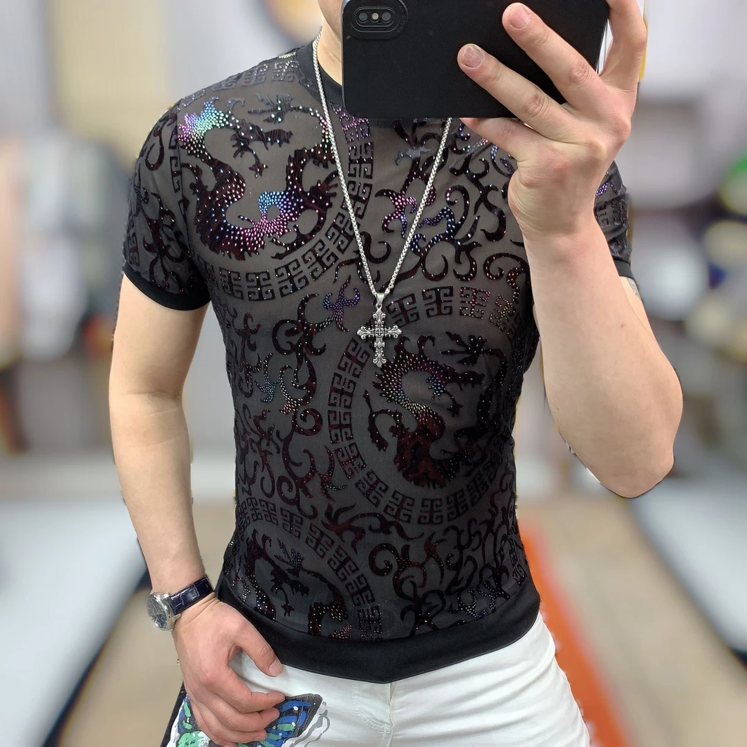 阿凯严选  欧洲站夏季新款男士潮流时尚冰丝镂空植绒烧花圆领短袖