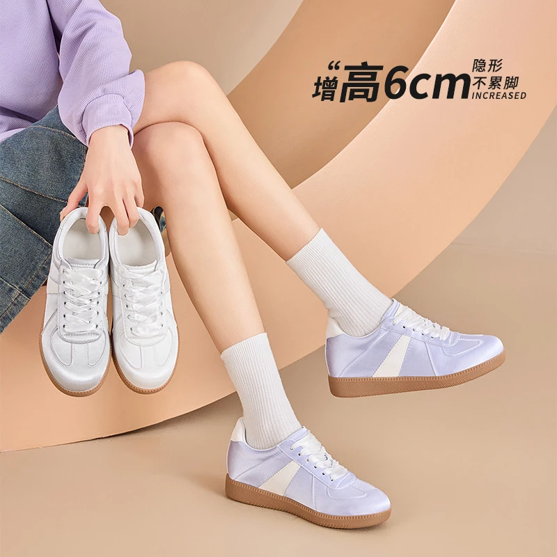 6cm内增高透气绸缎德训鞋女夏季厚底女士芭蕾休闲板鞋软底小白鞋