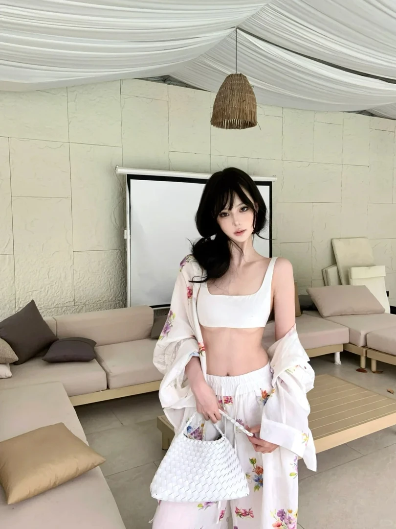 植物系碎花宽松慵懒休闲防晒衬衫夏季新款飘带松紧沙滩裤阔腿裤女