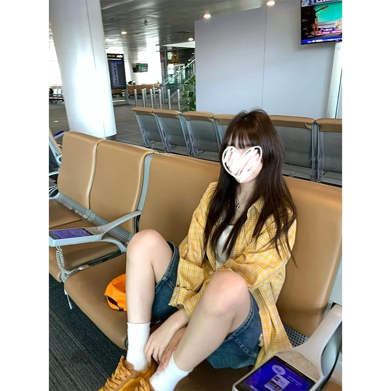 复古时尚格子衬衫外套女夏季韩系穿搭宽松慵懒风百搭设计感衬衣潮