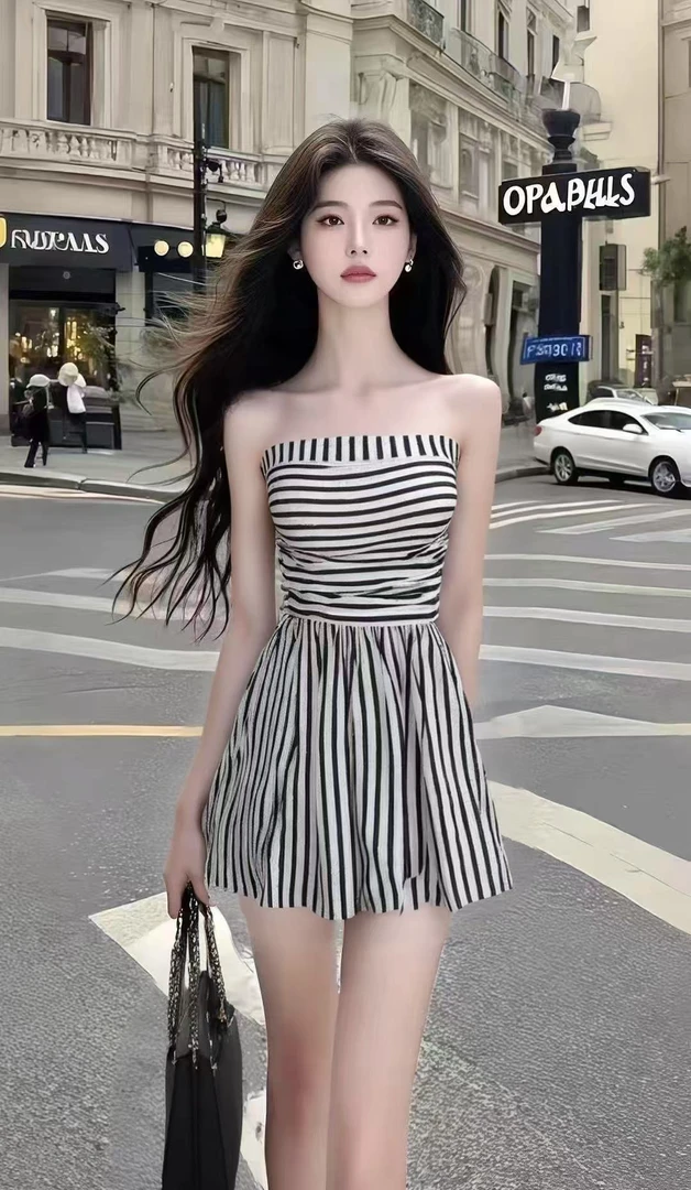 夏季新款氛围感性感辣妹纯欲风黑白条纹设计一字肩抹胸连衣裙女
