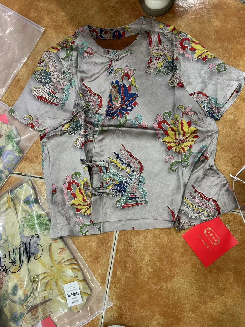 【一潮家】 灰色祥云  夏款新中式时尚国风斜襟短袖上衣 66923-14