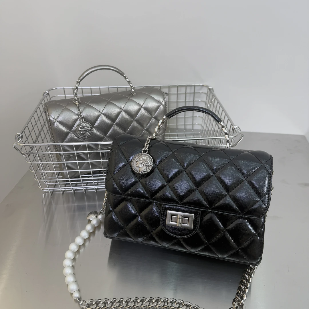 2025新款小众质感菱格小方包时髦小香风珍珠链条单肩斜挎包