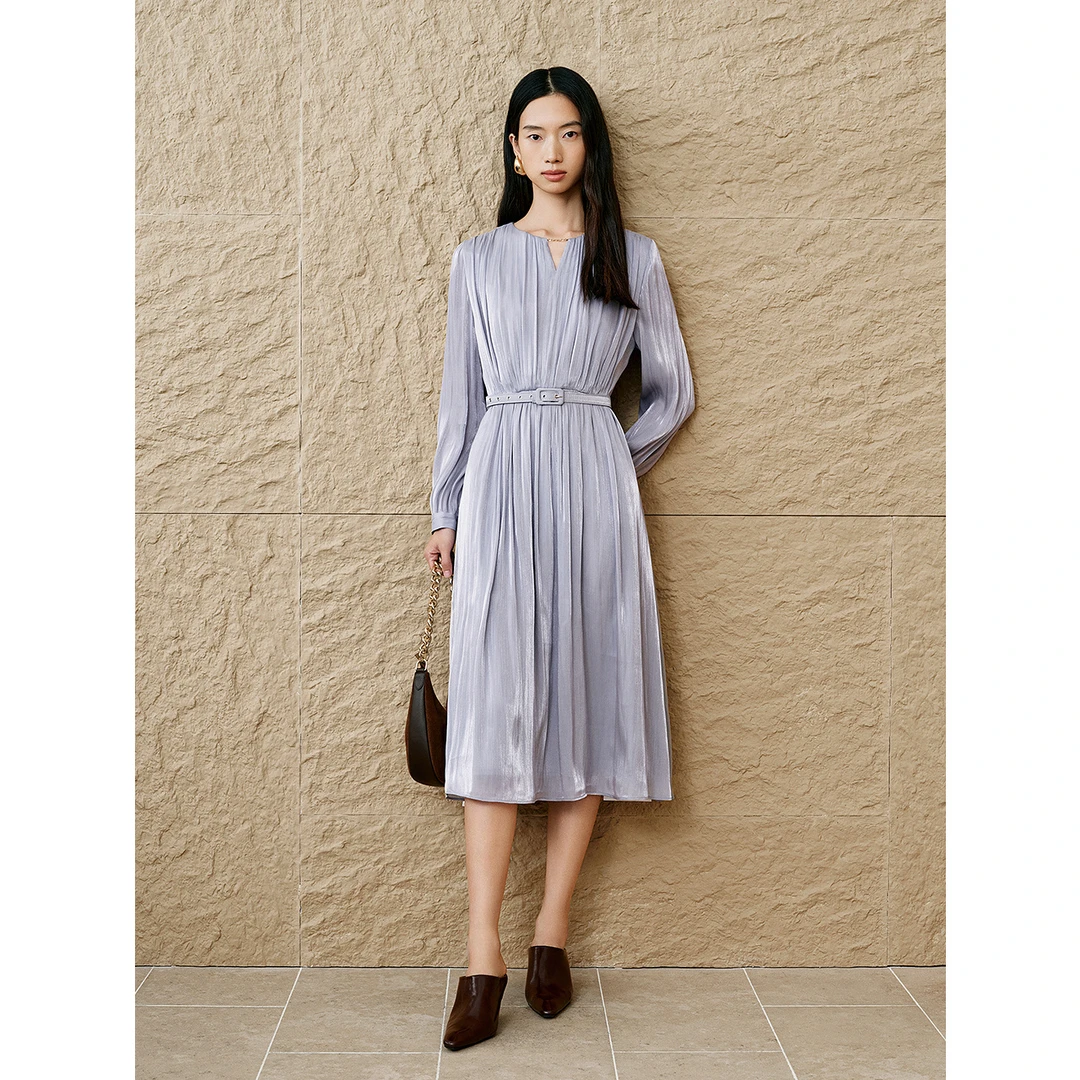 INSUN恩裳专选2025春季海岛丝褶皱立裁收腰连衣裙9C65105190