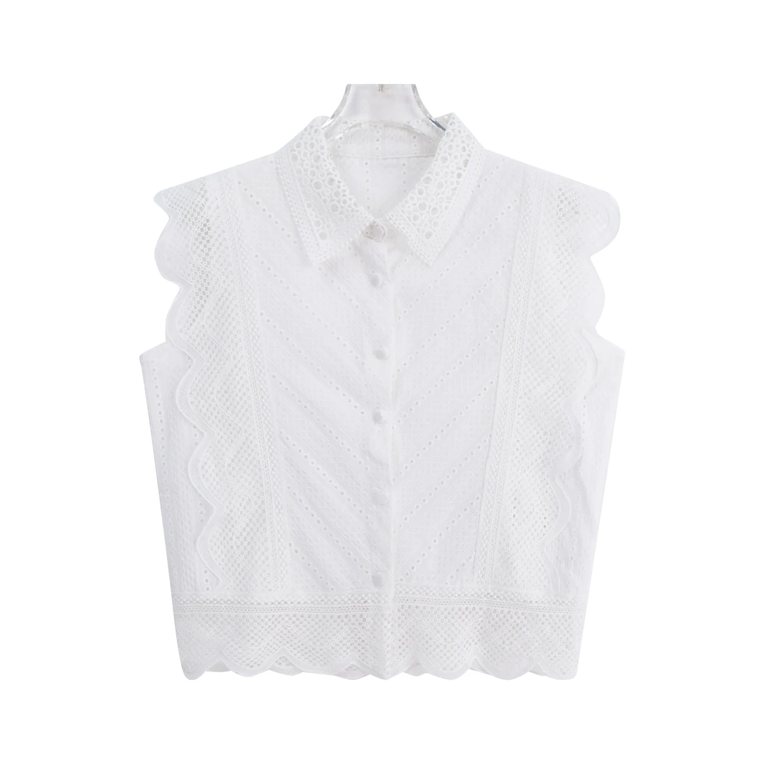 S甜美钩花镂空蕾丝无袖设计感飞飞袖衬衫A11364