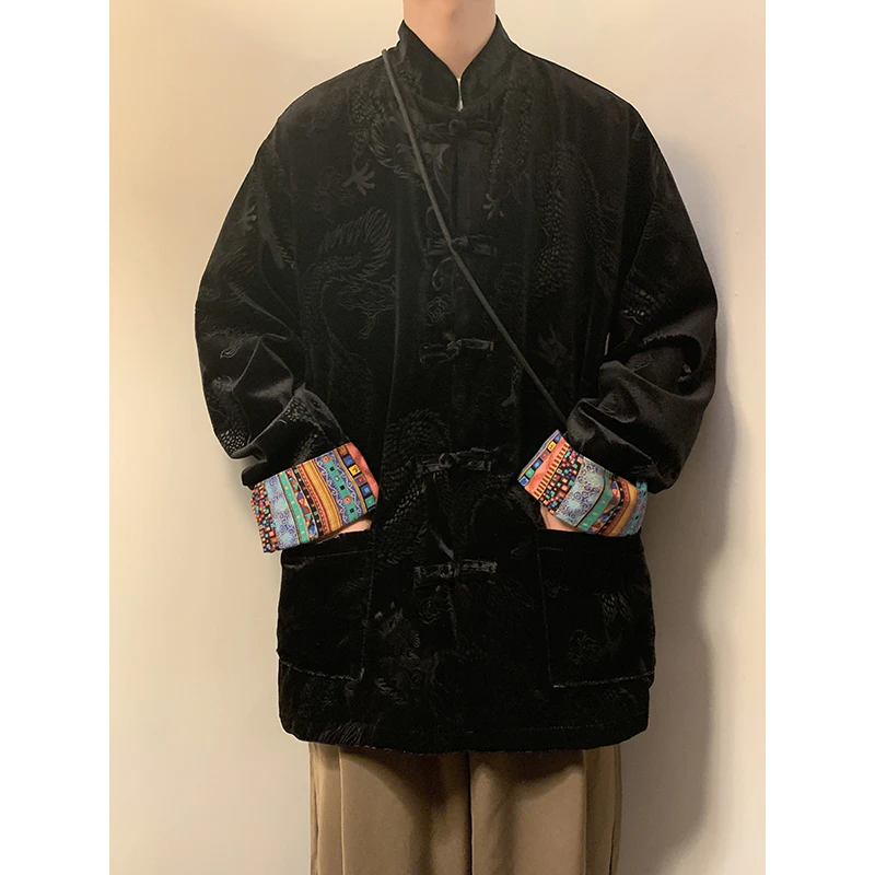 唐装外套男士黑色金丝绒茶服上衣秋冬季新中式大码宽松中山装夹克