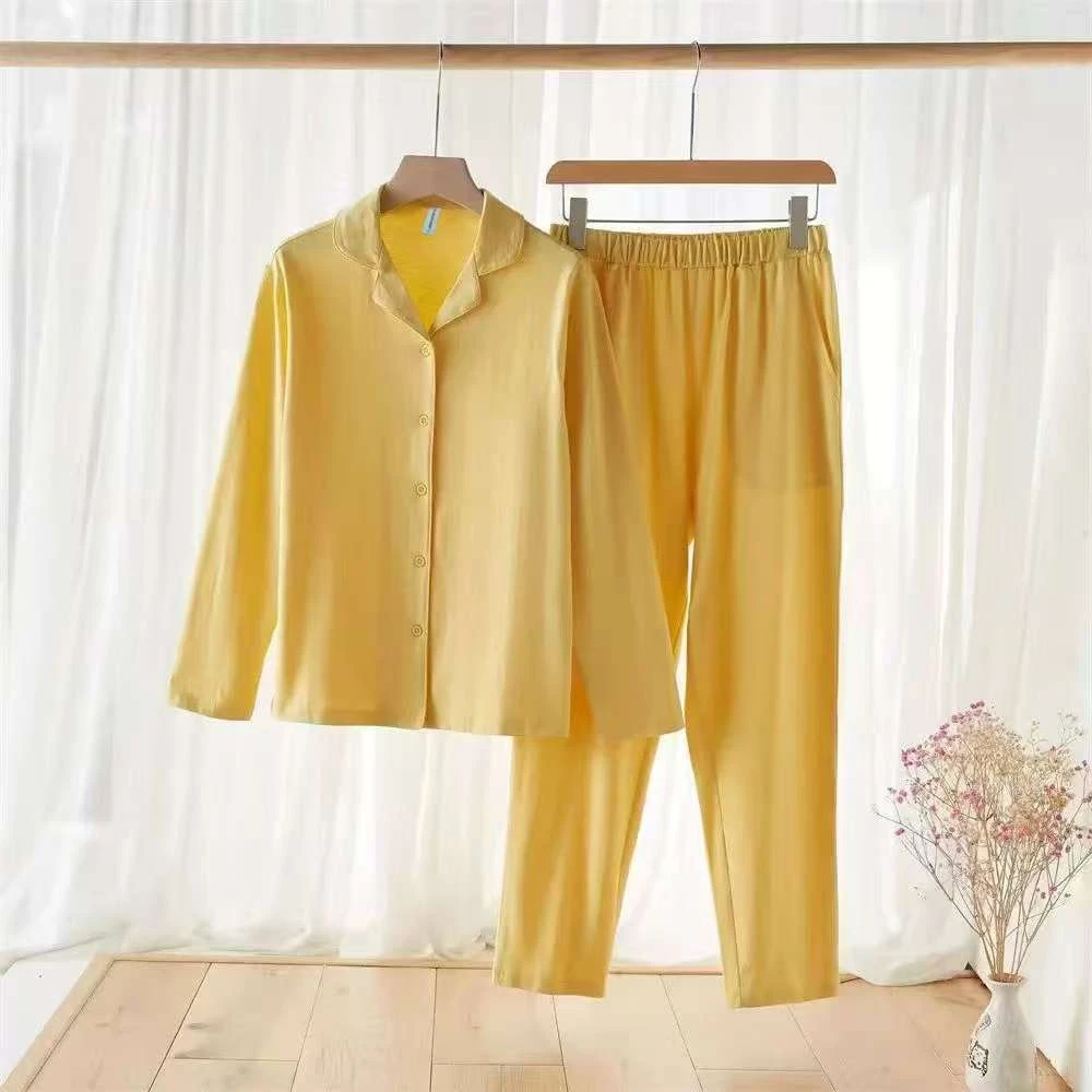 新款女士睡衣纯色棉质翻领宽松休闲家居服套装
