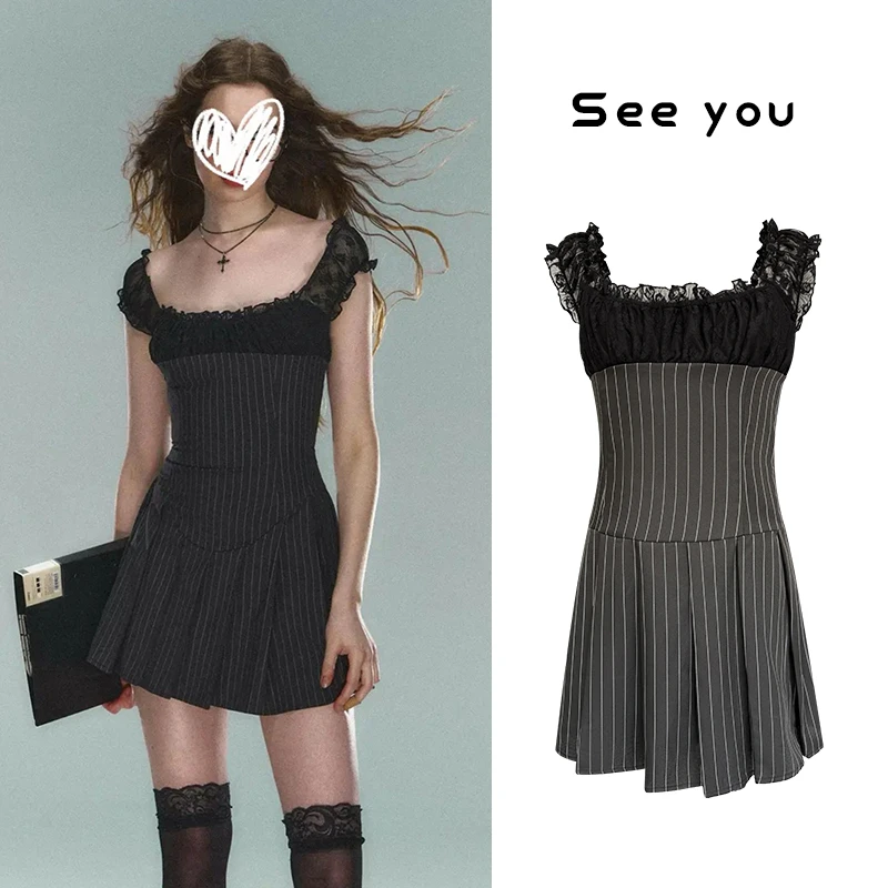 夏季时尚条纹短袖连衣裙小众设计感百搭蕾丝辣妹短裙法式修身A936