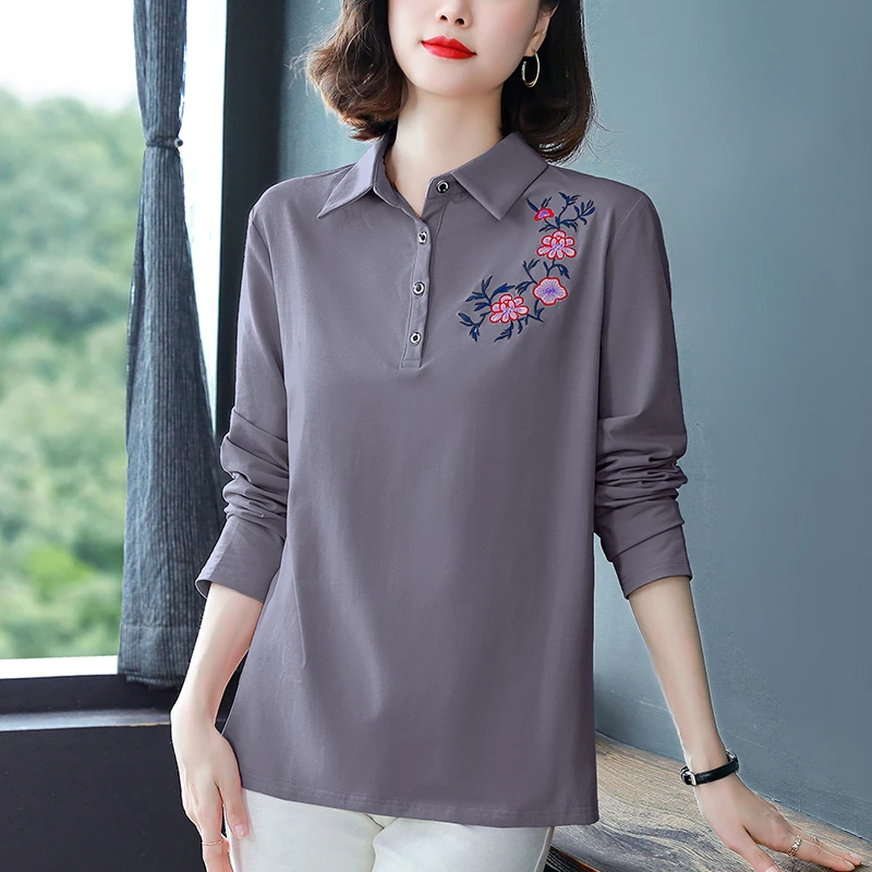 翻领女t恤长袖中老年女装妈妈纯棉衬衫大码打底衫Polo领春秋上衣