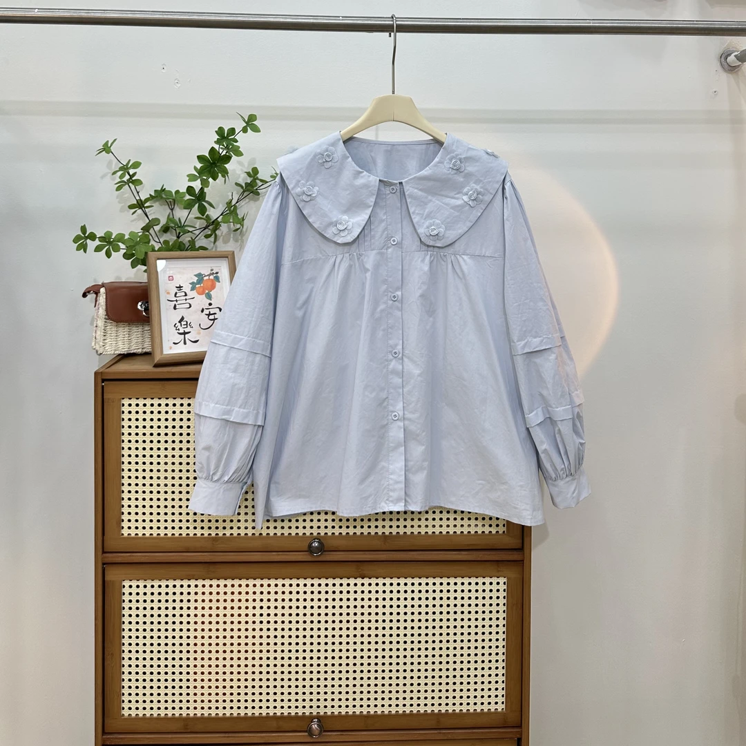 【春季大码女装】娃娃领长袖衬衫刺绣显瘦百搭减龄款