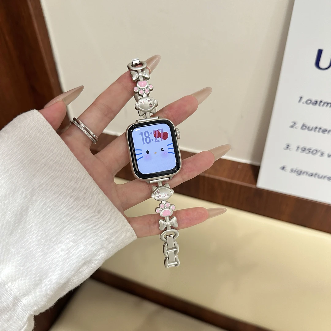 苹果手表iwatchS10细款SE表带适用applewatchS9可爱S8猫咪金属7女