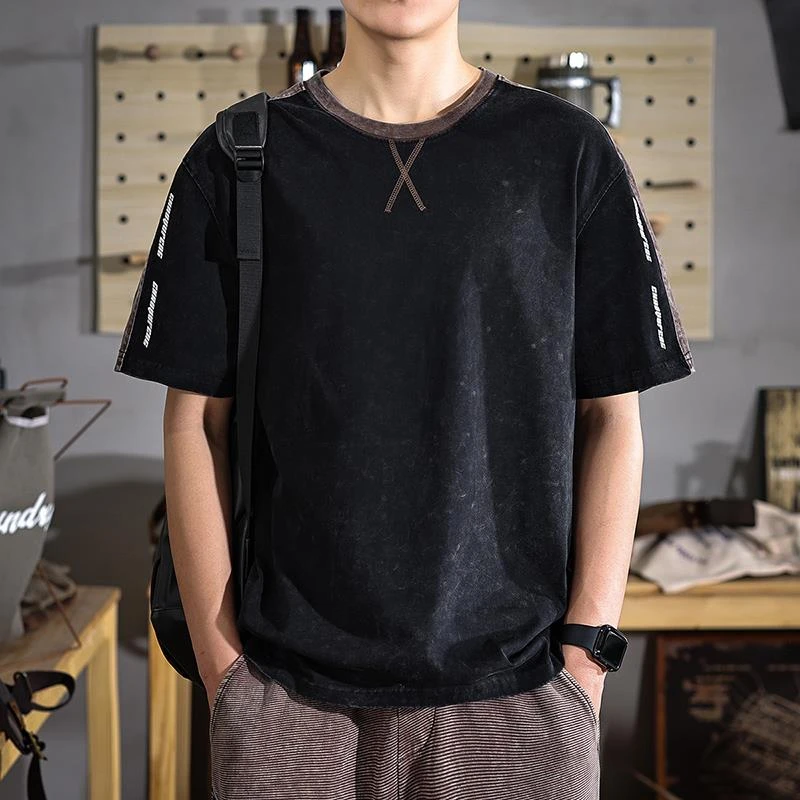 夏季高级黑色男士短袖t恤美式潮牌撞色水洗痞帅半袖体恤百搭潮流