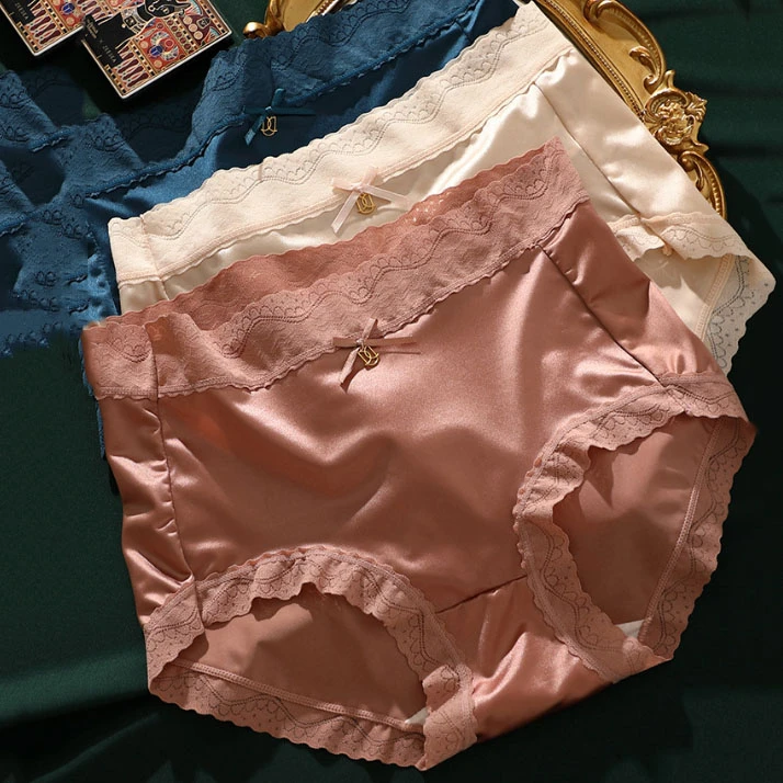 冰丝内裤女生蕾丝轻奢丝绸缎面贵妇三角裤爆款大码裤女士中腰