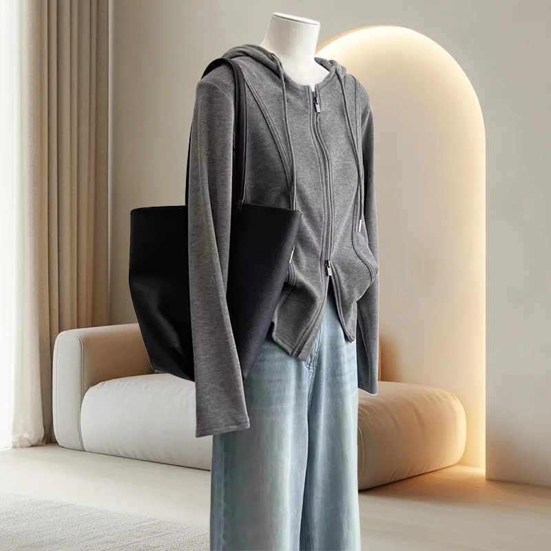 大码简约校园风正肩连帽开衫卫衣女春季新款百搭遮肉长袖t恤外套