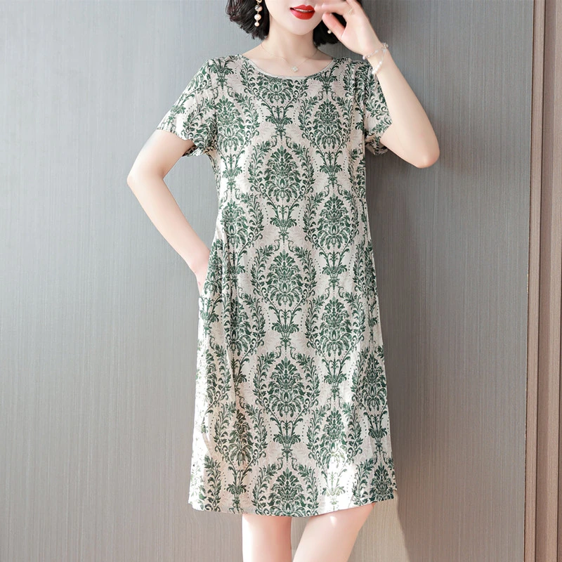棉绸短袖连衣裙夏新款时尚宽松遮肉显瘦居家外穿压褶中长款裙子
