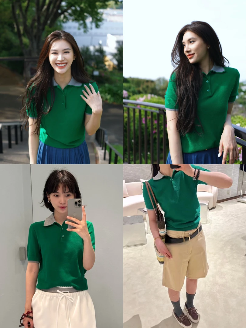 绿意悠然 字母提花拼接双层POLO领正肩修身显瘦短袖针织衫50176