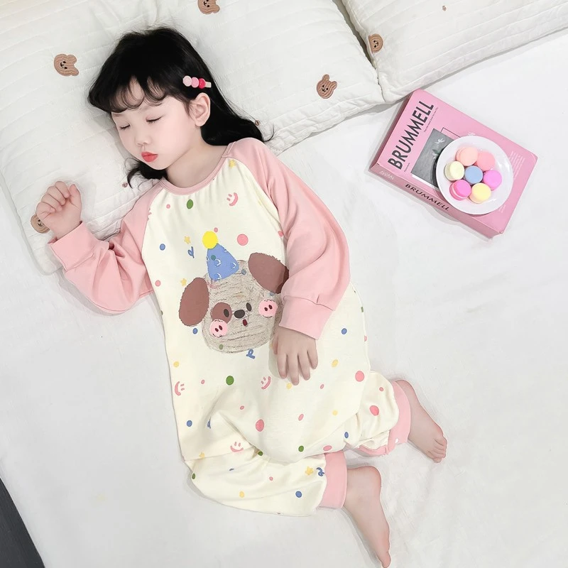 女童春秋连体棉长袖睡衣卡通爬服宽松儿童防着凉连体衣家居服哈衣