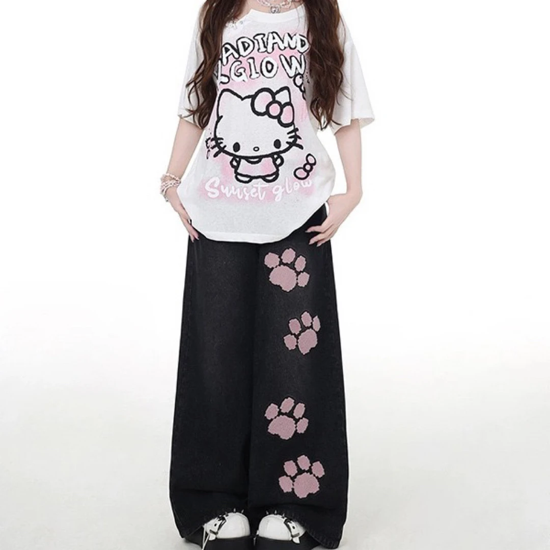 甜酷猫猫脚印牛仔裤黑色阔腿裤设计感裤子女休闲高腰刺绣牛仔裤女