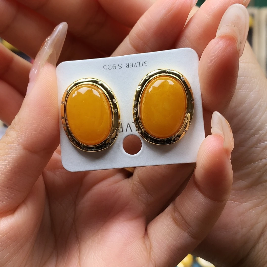 蜜蜡银S925镶嵌耳饰耳钉