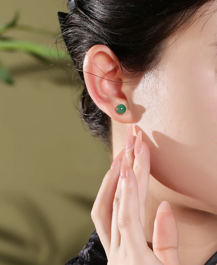 【正品】纯天然非洲翠冰飘花圆形半面耳钉S925银耳饰 多样性发其一