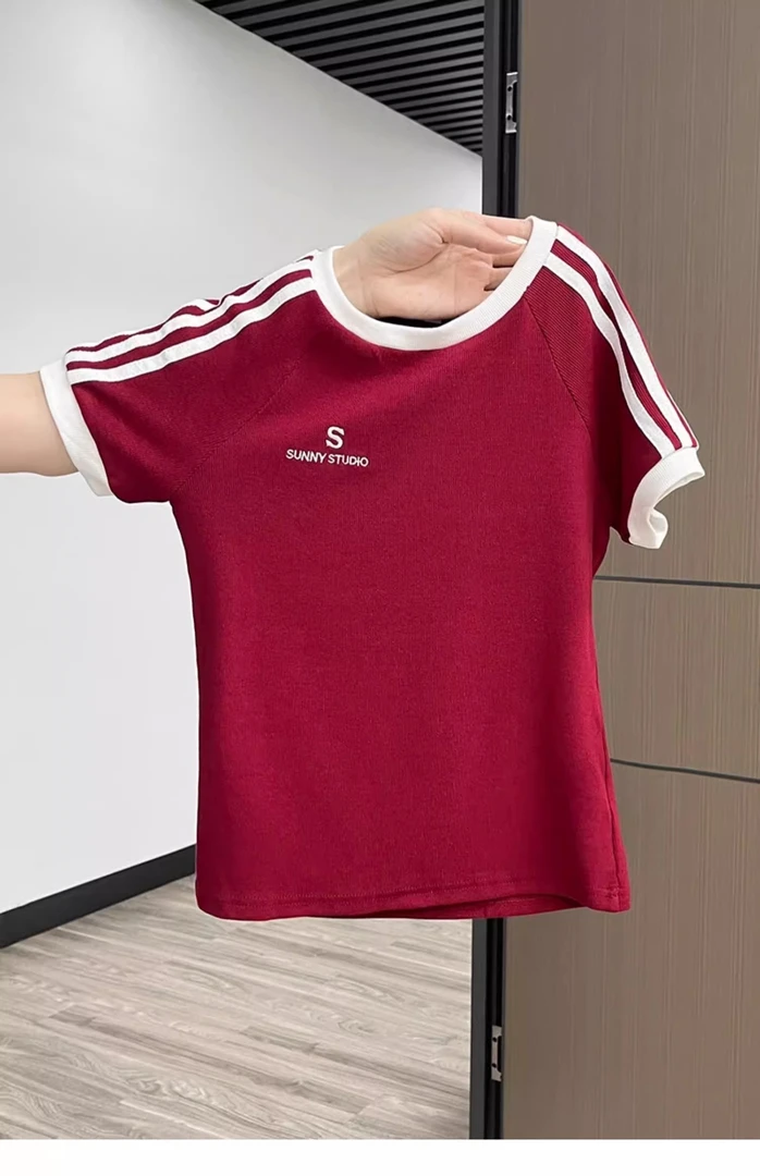 小个子美式甜辣妹条纹正肩短袖t恤女夏季运动感减龄修身短款上衣