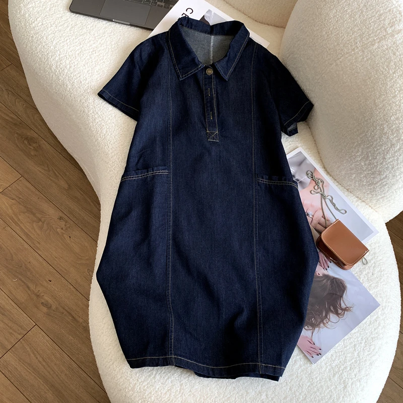 2025夏季新款港风复古翻领休闲中长款牛仔短袖连衣裙女直筒A字裙