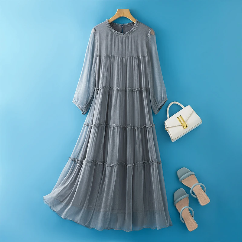 真丝百搭连衣裙女夏新款韩版优雅沙滩宽松显瘦红色旗袍新中式