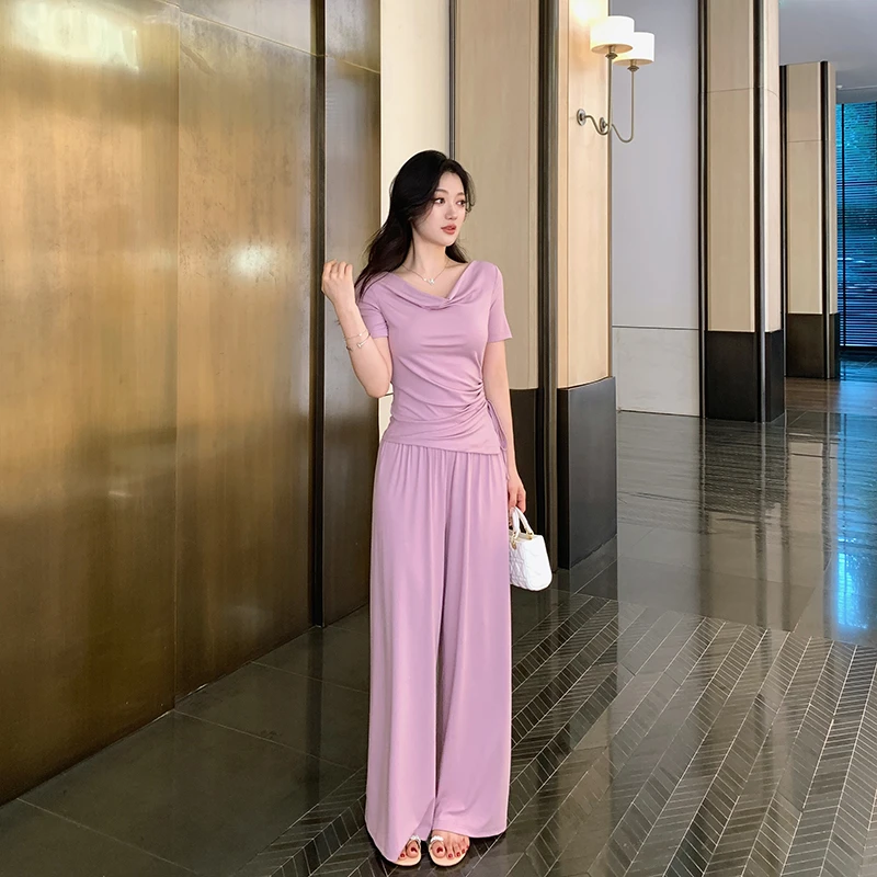 林关关【冰氧夏天】莱赛尔堆堆领短袖T恤+垂感百搭直筒休闲裤两件套