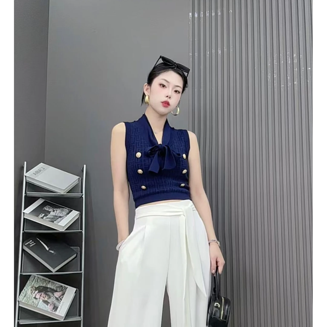 2025夏款v领飘带针织衫无袖背心女夏法式高级感气质名媛上衣6911