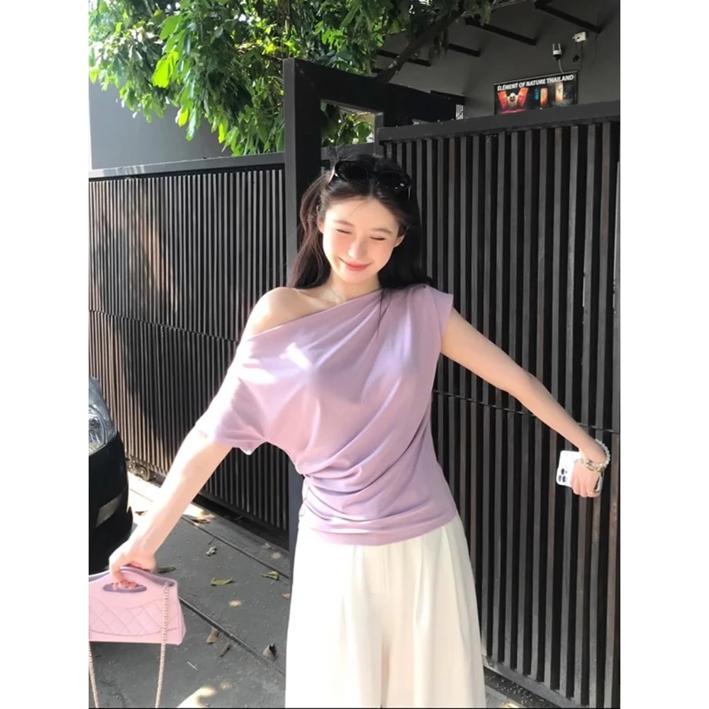真的爱了！巨显温柔，法式气质一字肩紫色短袖t恤露肩上衣女夏季