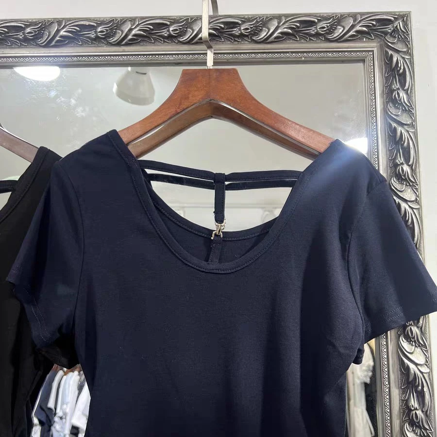 后交叉短袖修身型简约女士短款针织T恤休闲钉珠百搭