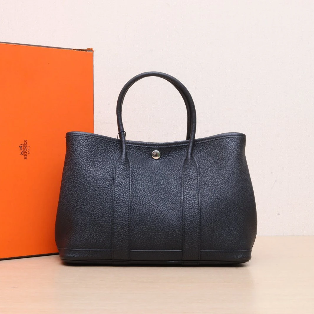 99新 Hermes/爱马仕 小花6枫 花园包 30 黑色 W刻 银扣