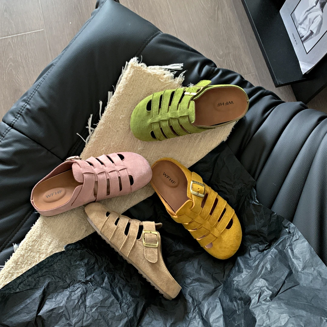 镂空包头半拖鞋女2025春夏新款厚底勃肯鞋一脚蹬透气懒人休闲凉拖