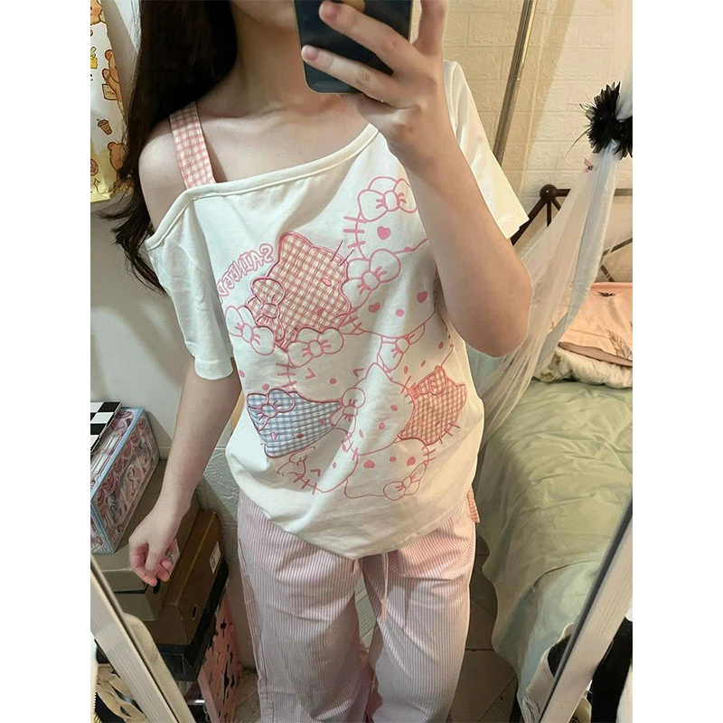 小众不撞款kt猫印花T恤女夏季学院风设计感宽松斜肩抽褶短袖上衣